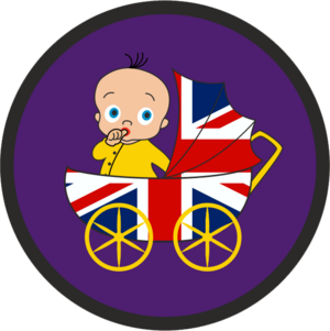 Royal Baby With Union Flag Pram On A Purple Background Badge